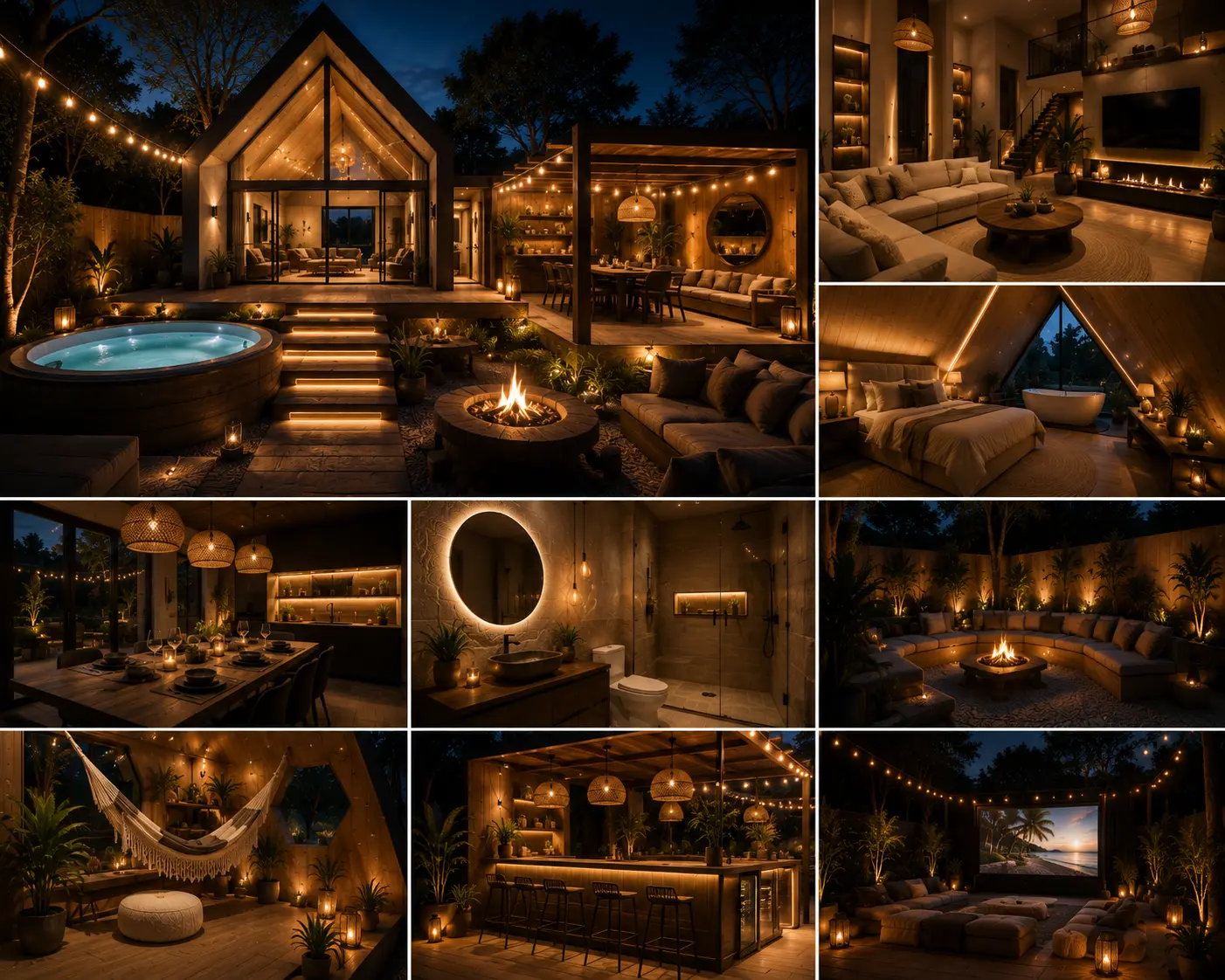 Espacio instagrameable moderno con iluminación cálida y diseño temático.