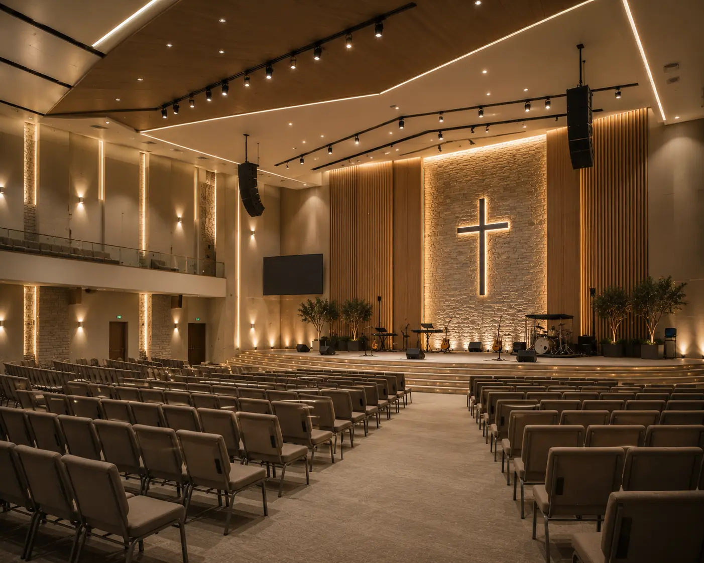 Espacio religioso funcional con escenario y acústica visual.