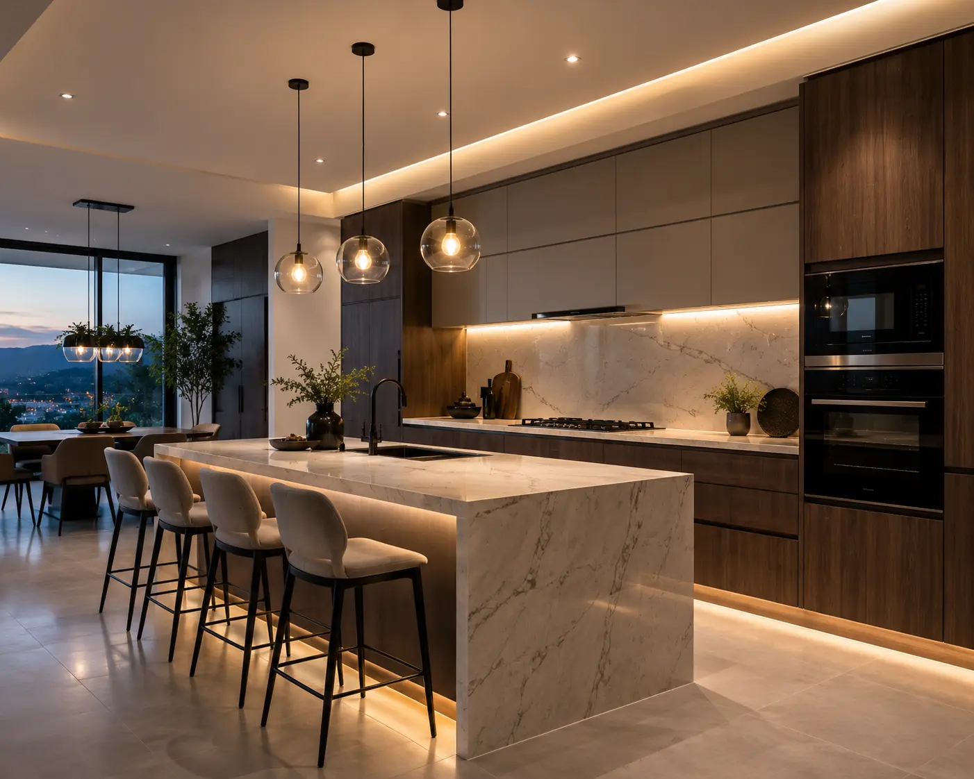 Cocina isla central, acabados mármol o cuarzo, iluminación colgante elegante.