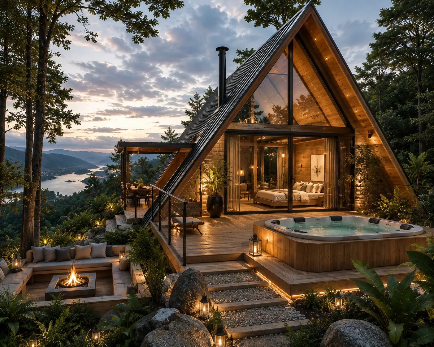 Cabina moderna de madera y vidrio integrada al paisaje.