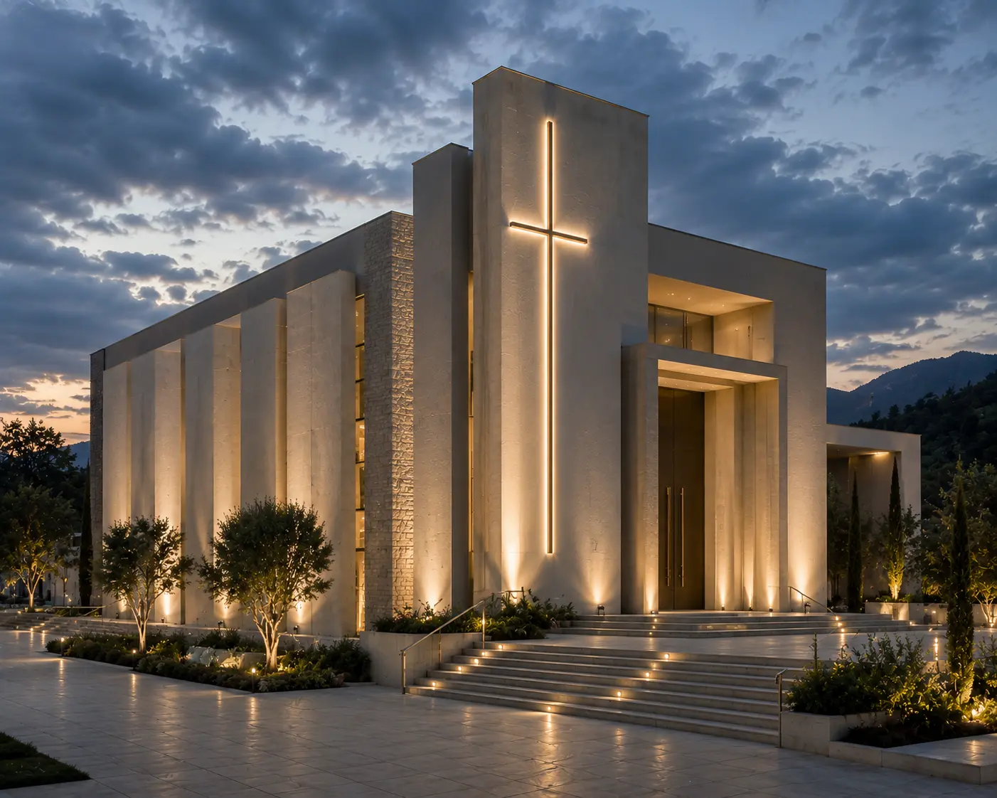 Templo moderno minimalista con iluminación espiritual