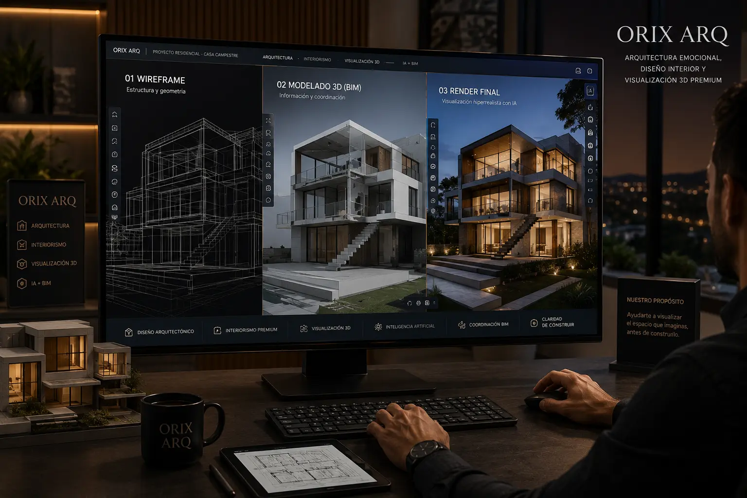 Pantalla con wireframe, modelado y render final.