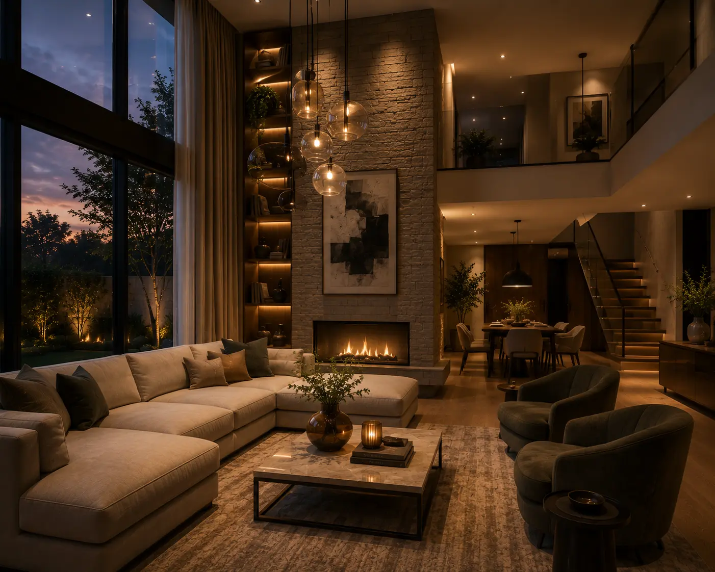 Interior con materiales realistas y atmósfera cálida.