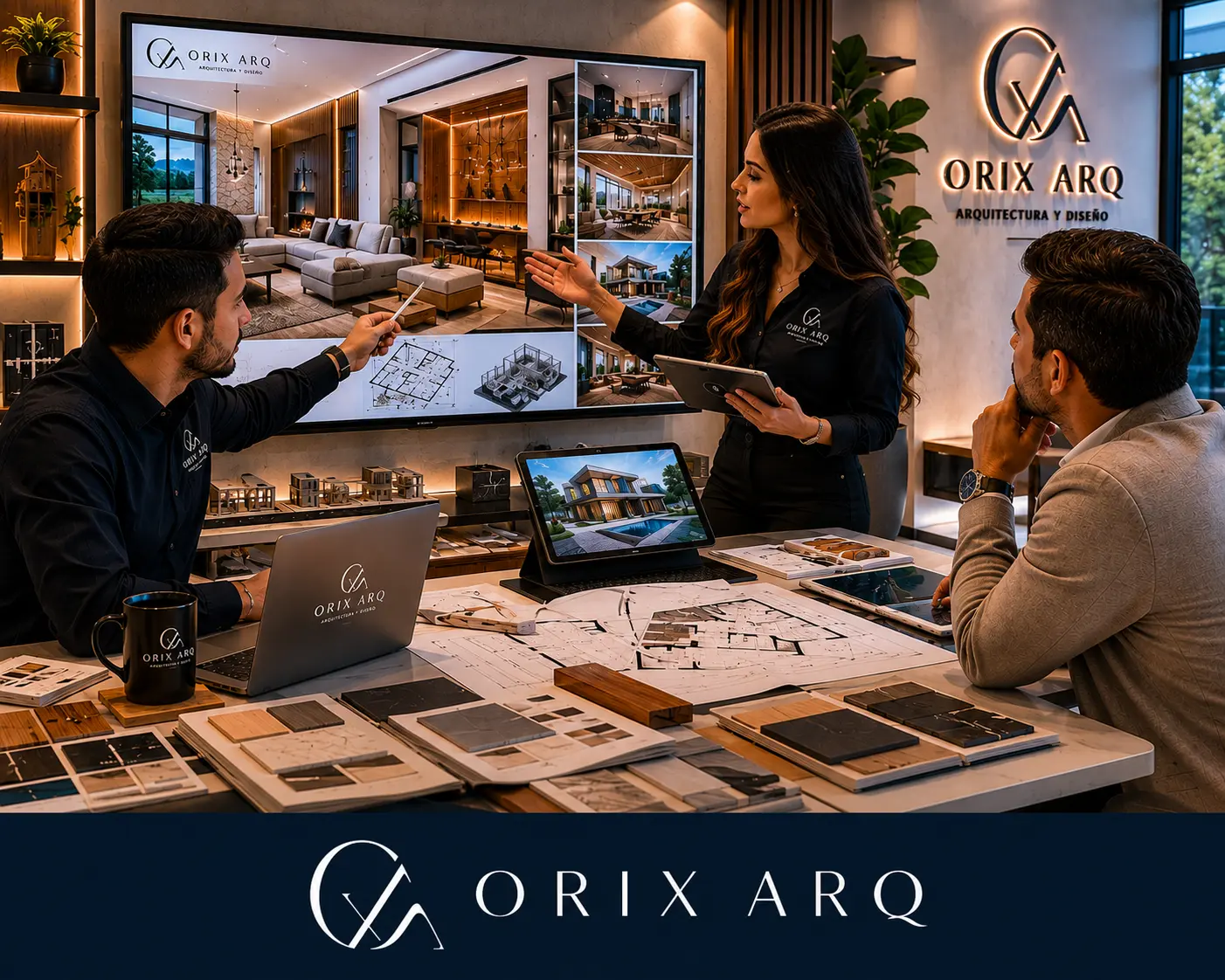 Arquitectos mostrando renders o moodboards.