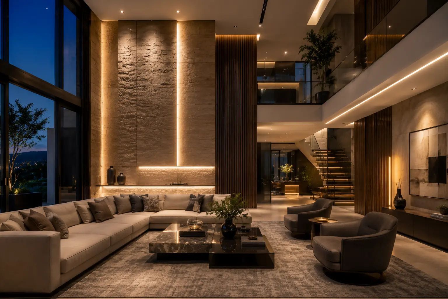 Sala premium moderna con iluminación indirecta, doble altura, texturas sofisticadas y mobiliario contemporáneo.