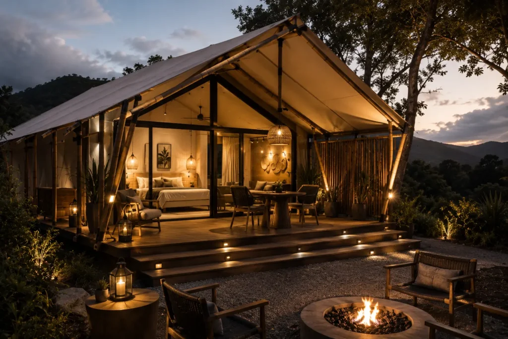 Diseño de glamping premium con arquitectura experiencial y visualización 3D realizado por ORIX ARQ
