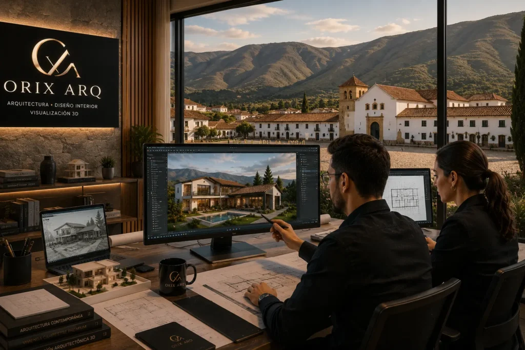 Arquitectos en Villa de Leyva diseñando vivienda campestre premium mediante visualización arquitectónica 3D