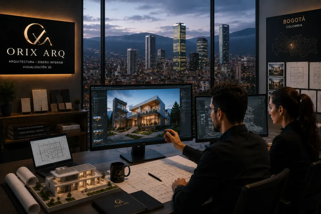 Arquitectos en Bogotá desarrollando proyecto arquitectónico mediante visualización arquitectónica 3D