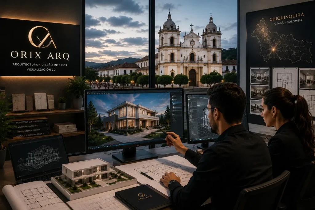 Arquitectos en Chiquinquirá desarrollando proyecto arquitectónico residencial mediante visualización arquitectónica 3D