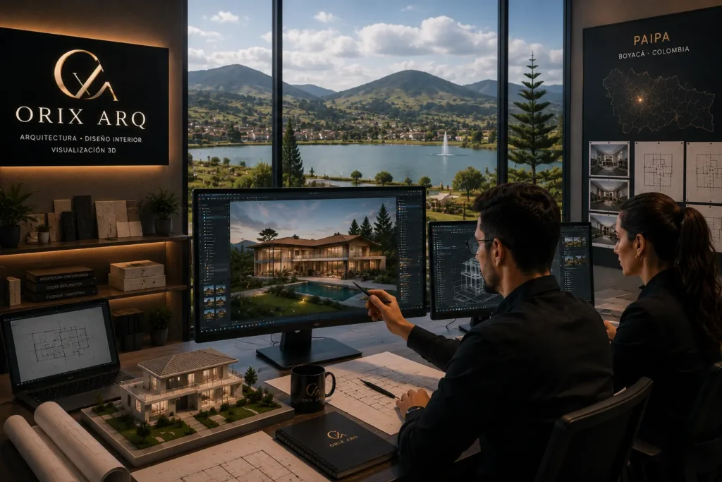 Arquitectos en Paipa diseñando vivienda campestre mediante visualización arquitectónica 3D