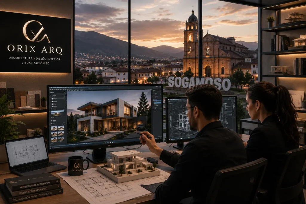Arquitectos en Sogamoso desarrollando proyecto arquitectónico residencial mediante visualización arquitectónica 3D