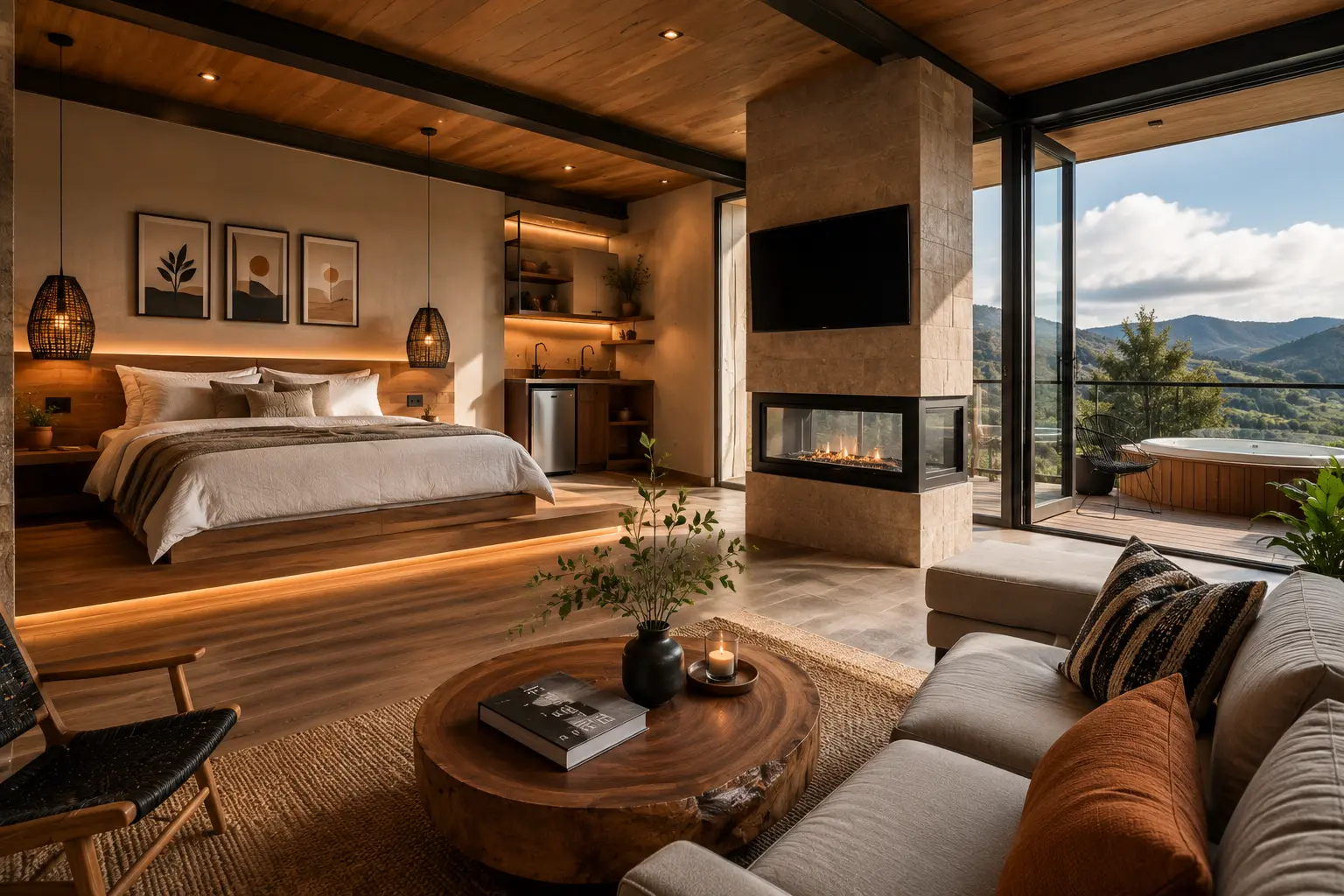 Airbnb premium moderno con diseño interior experiencial y visualización 3D hiperrealista