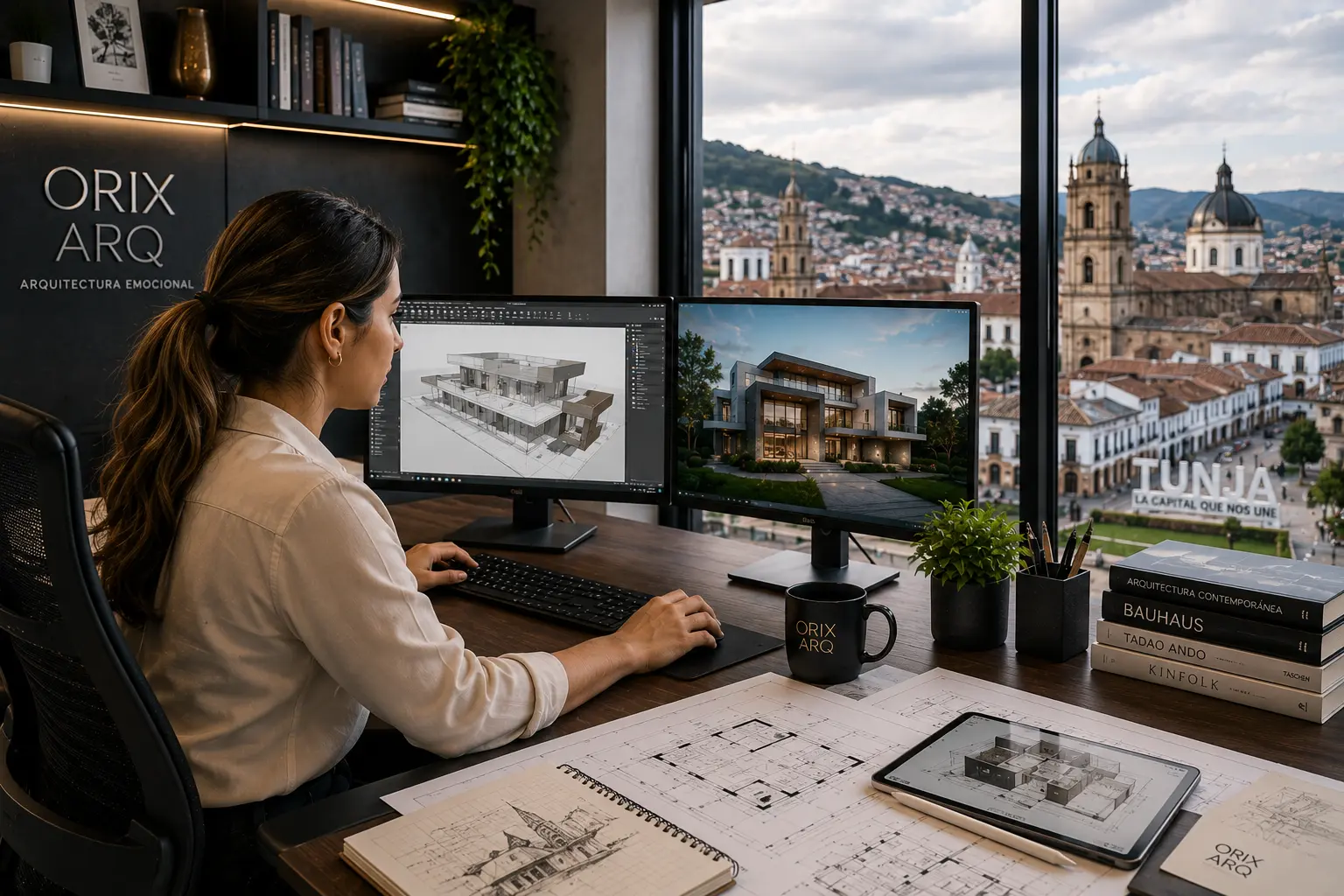 Arquitecto en Tunja trabajando diseño arquitectónico moderno con render hiperrealista