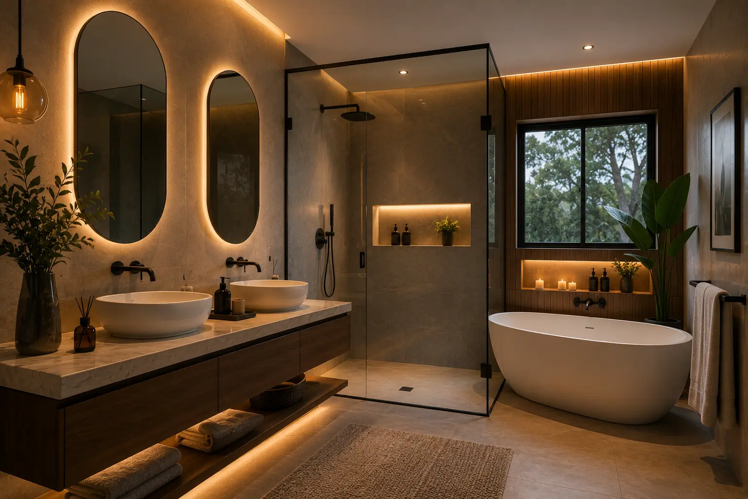 Baño moderno premium con iluminación cálida y diseño interior contemporáneo