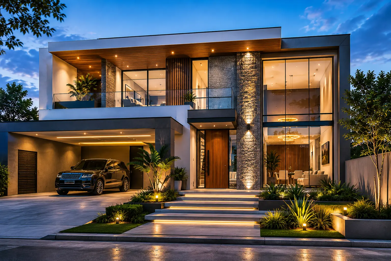 Casa moderna contemporánea con arquitectura premium y visualización 3D hiperrealista
