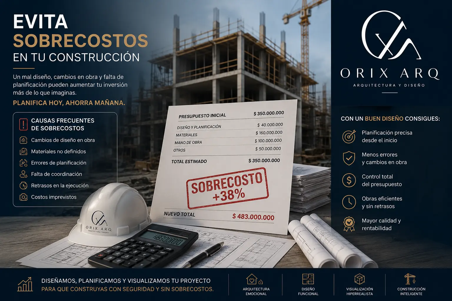 Proyecto arquitectónico moderno con render hiperrealista y planificación de construcción