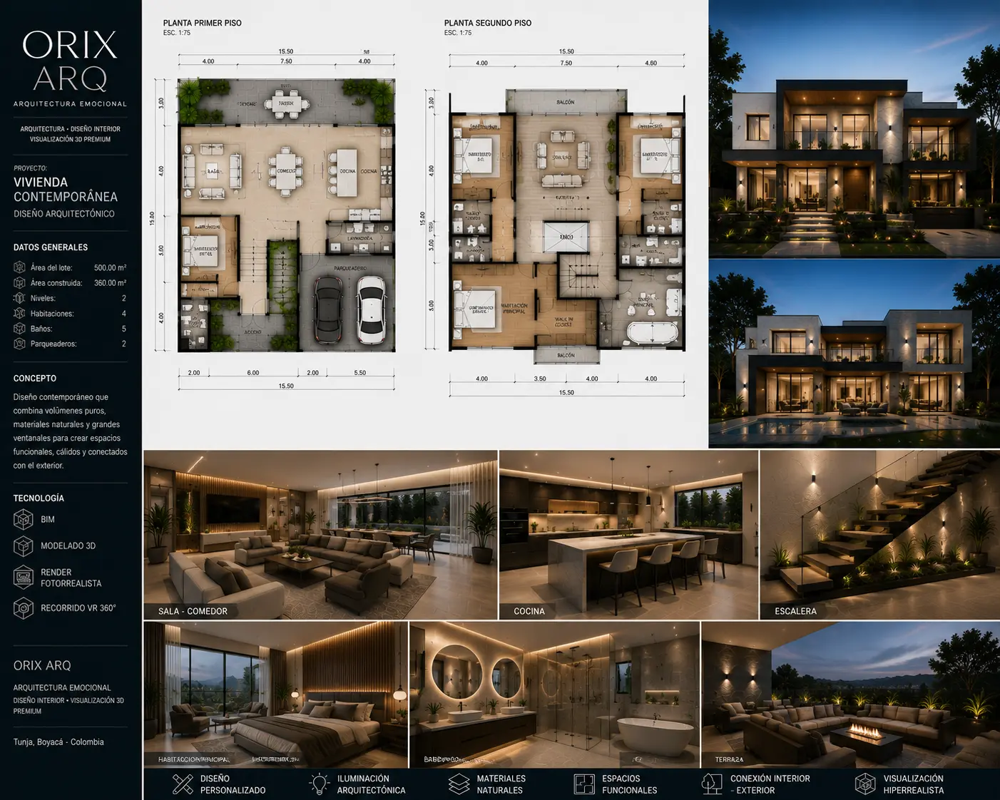 Diseño arquitectónico moderno con render hiperrealista de vivienda contemporánea