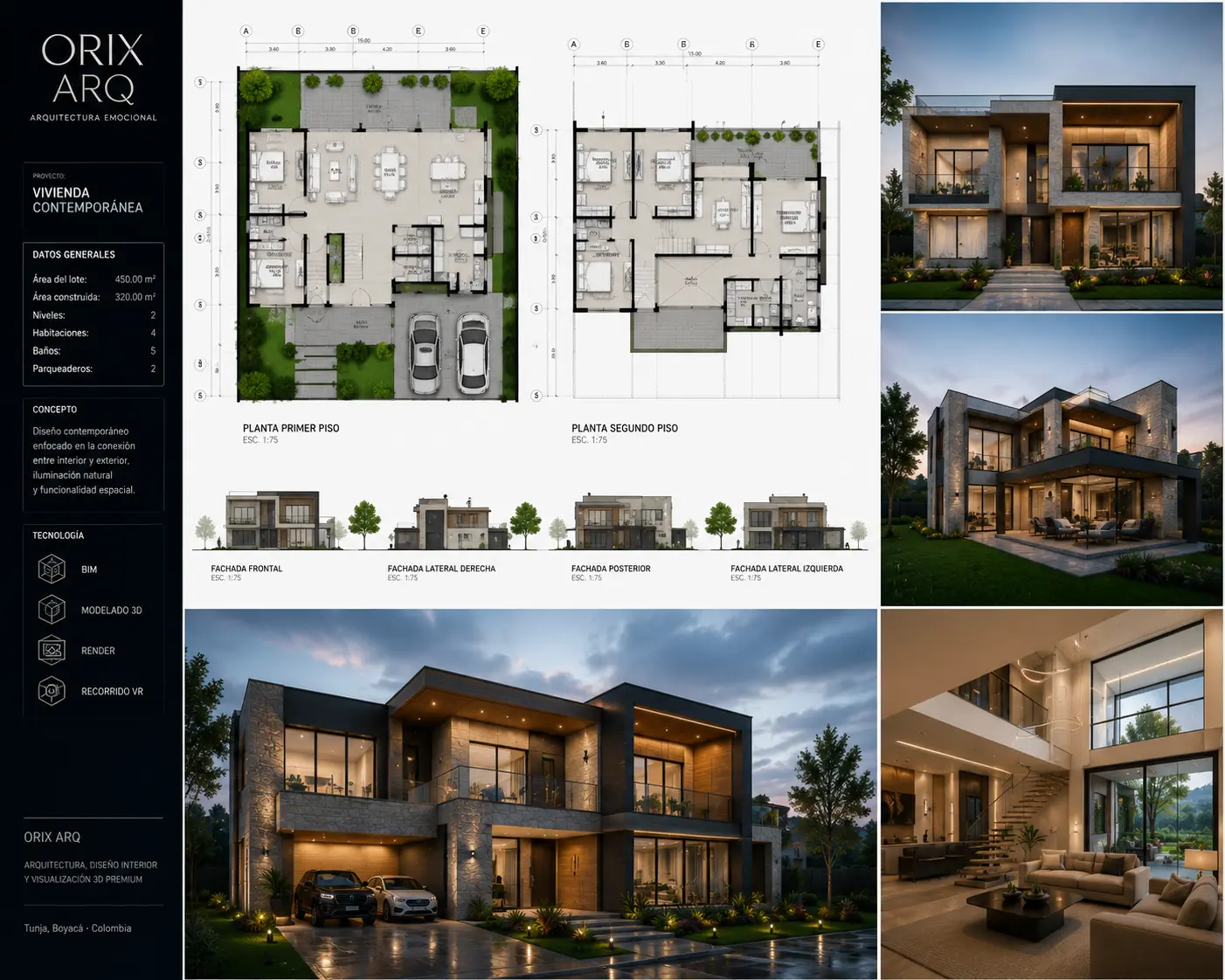 Planos arquitectónicos modernos con render hiperrealista de vivienda contemporánea
