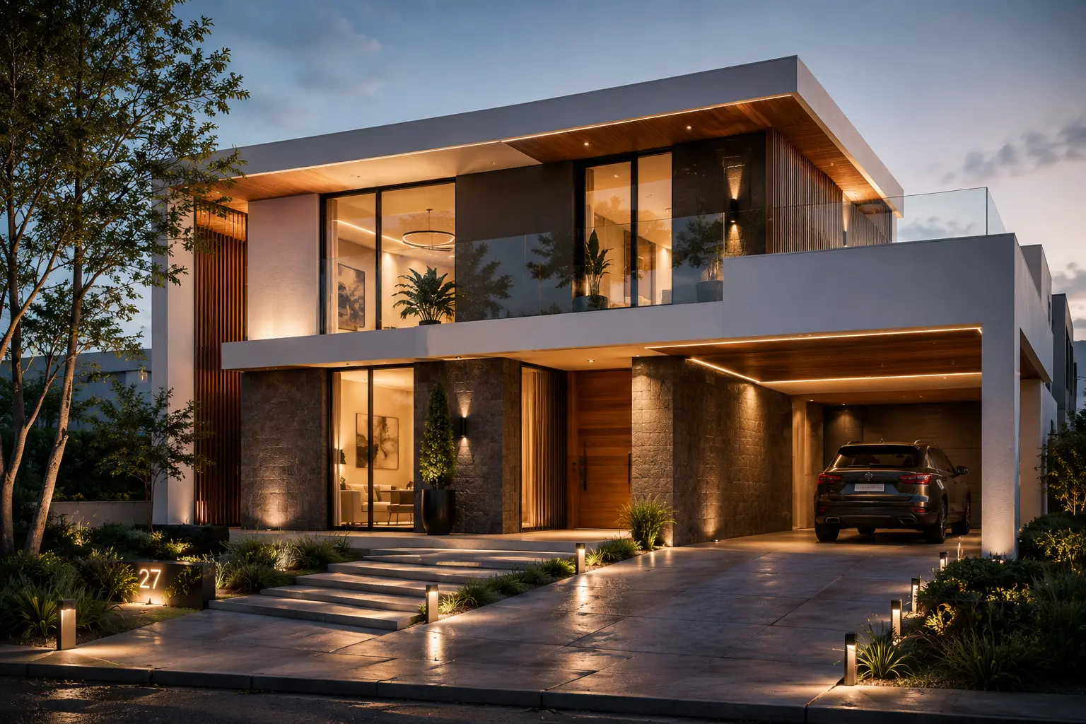 Render arquitectónico hiperrealista de casa moderna con iluminación premium y visualización 3D