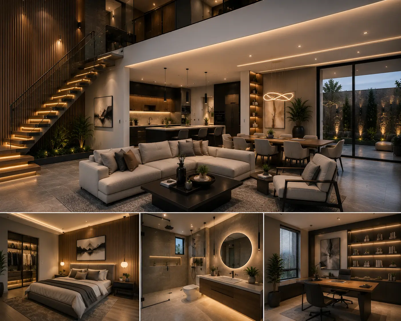 Diseño interior moderno premium con iluminación arquitectónica y atmósfera contemporánea