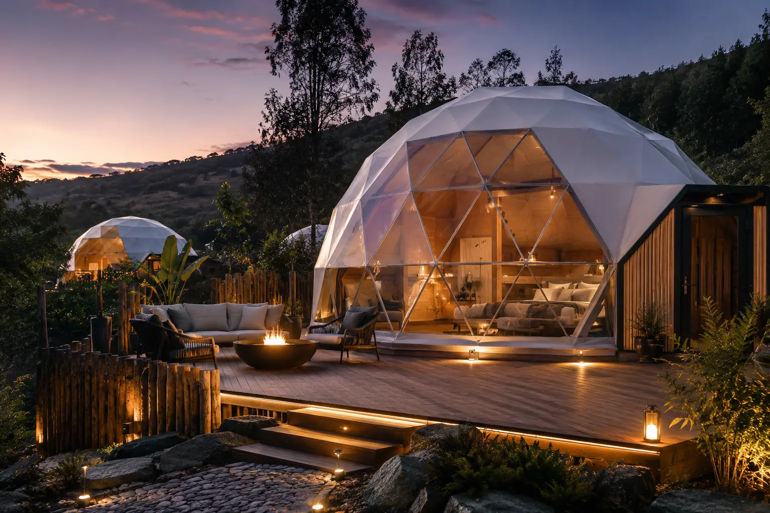 Glamping premium moderno con arquitectura experiencial y visualización 3D hiperrealista