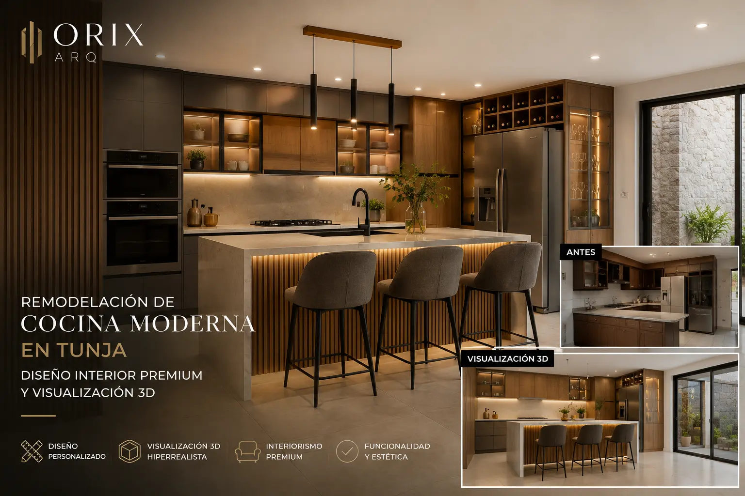 Remodelación de cocina moderna en Tunja con diseño interior premium y visualización 3D