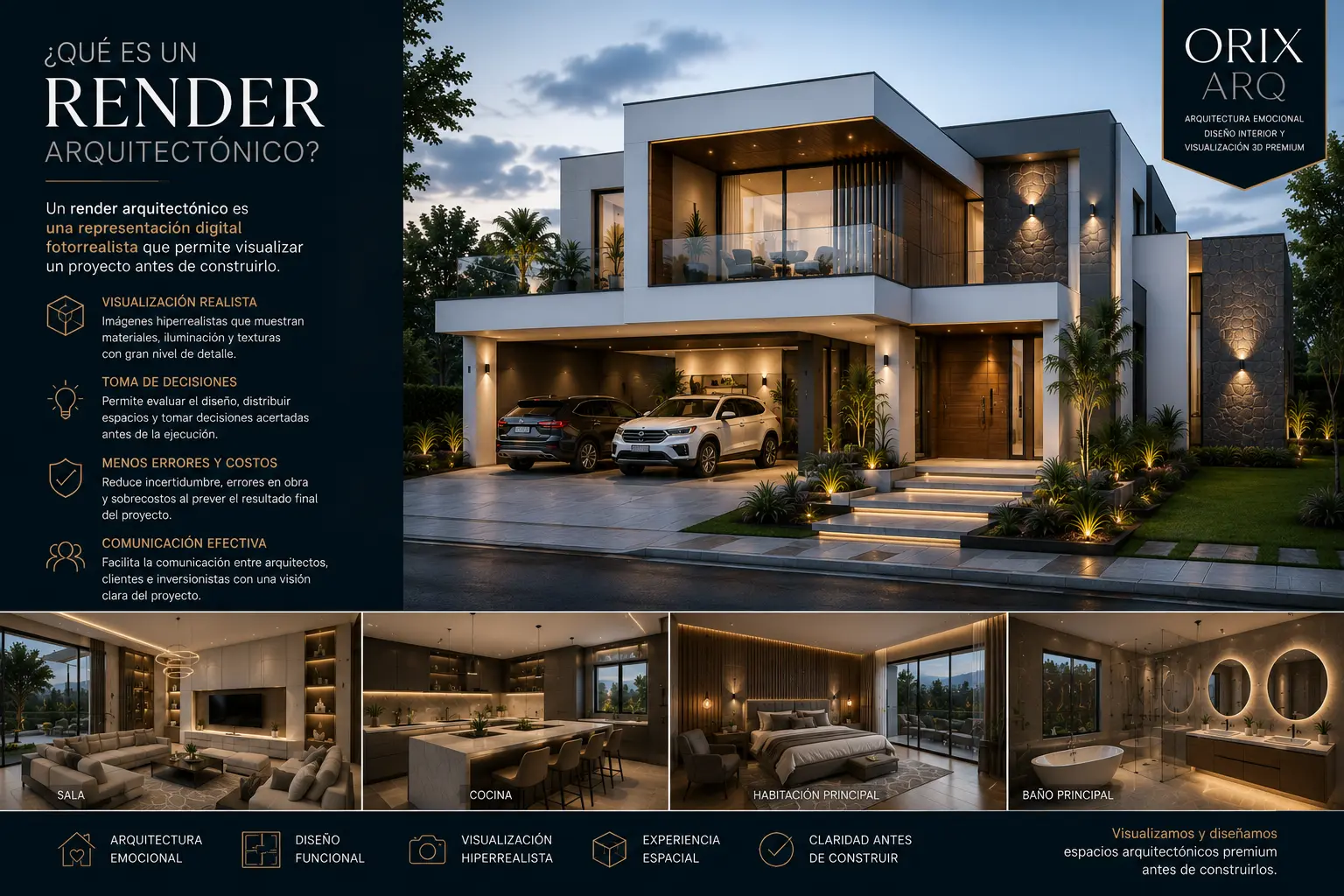Render arquitectónico hiperrealista de vivienda moderna con iluminación contemporánea