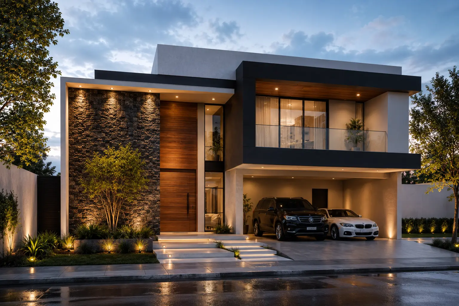 Diseño de casa moderna contemporánea con fachada elegante y render hiperrealista